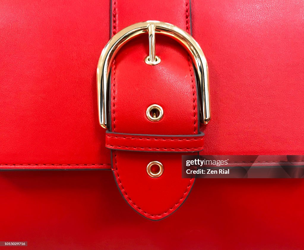 Close up of a red purse detail showing belt buckle design on flap
