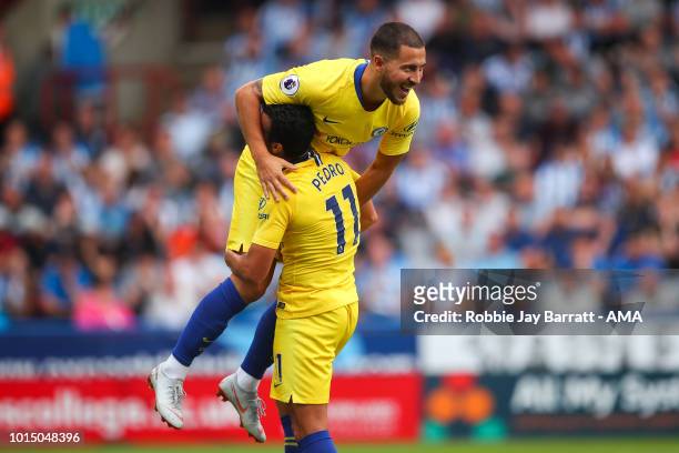 Pedro of Chelsea celebrates after scoring a goal to make it 0-3 during the Premier League match between Huddersfield Town and Chelsea FC at John...