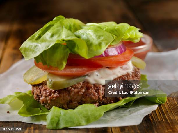 low carb - lettuce wrap burger - lettuce stock pictures, royalty-free photos & images