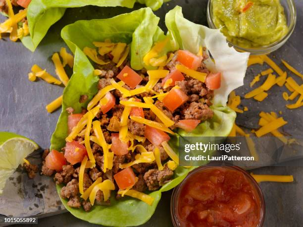 low carb - lettuce wrap beef taco - ground beef burrito stock pictures, royalty-free photos & images