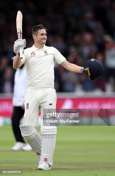 England batsman Chris Woakes reaches his century during Day 3 of the 2nd Test Match between England and India at Lord's Cricket Ground on August 11,...