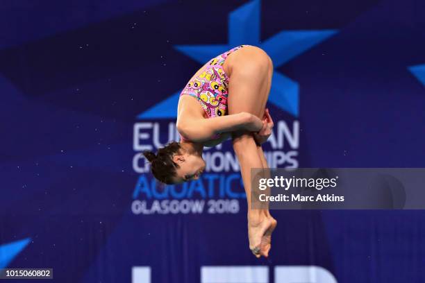 Anna Pysmenska of Ukraine competes in the Women's 3 metre Springboard final during the diving on Day Ten of the European Championships Glasgow 2018...