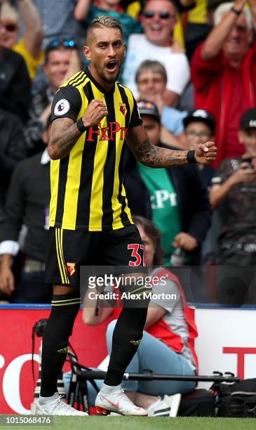 Roberto Pereyra of Watford celebrates after scoring his team's second goal during the Premier League match between Watford FC and Brighton & Hove...