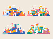 City landscape with buildings, hills and trees. Vector illustration in minimal geometric flat style. Abstract background of landscape in half-round composition for banners, covers. City with windmills