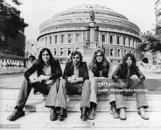 English progressive rock band Camel pose for a Decca Records Publicity still outside The Royal Albert Hall circa 1975 in London, England. (Photo by...