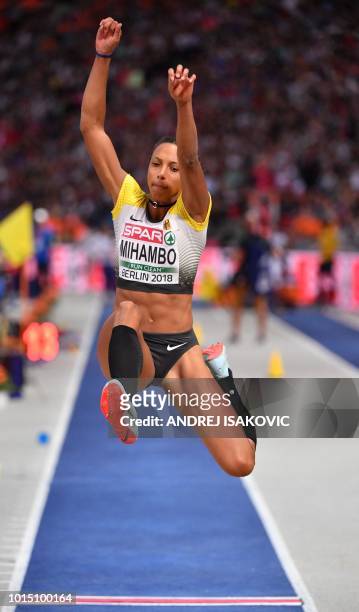 Germany's Malaika Mihambo competes in the women's Long Jump final during the European Athletics Championships at the Olympic stadium in Berlin on...