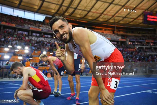 Adam Kszczot of Poland celebrates winning Gold in the Men's 800m during day five of the 24th European Athletics Championships at Olympiastadion on...