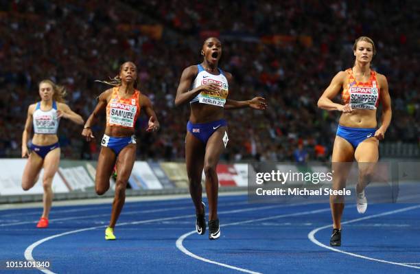 Dina Asher-Smith crosses the line to win the Gold medal in the Women's 200m Final during day five of the 24th European Athletics Championships at...