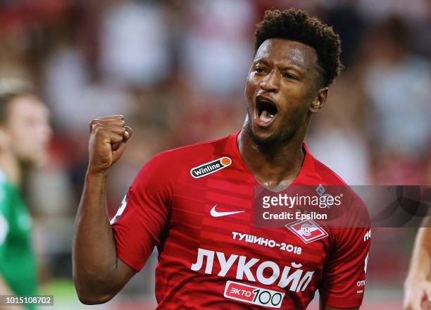 Ze Luis of FC Spartak Moscow celebrates his goal during the Russian Premier League match between FC Spartak Moscow and FC Anji Makhachkala at...