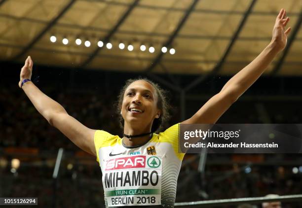 Malaika Mihambo of Germany celebrates winning Gold in the Women's Long Jump Final during day five of the 24th European Athletics Championships at...