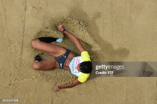 Germany's Malaika Mihambo competes in the women's Long Jump final during the European Athletics Championships at the Olympic stadium in Berlin on...