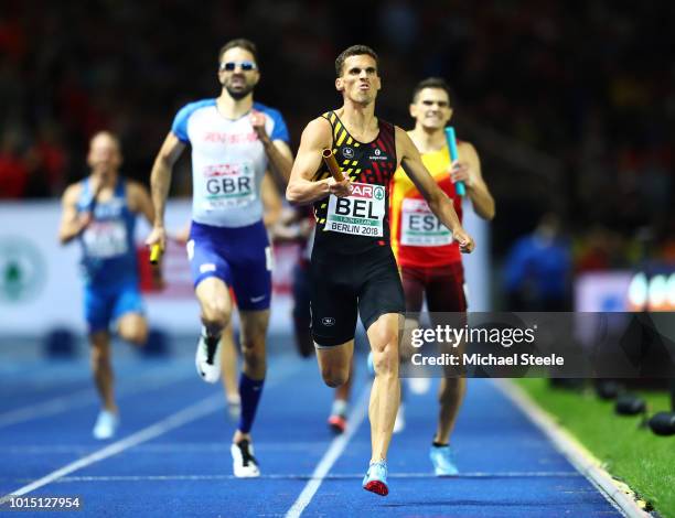 Kevin Borlee of Belgium competes in the Men's 4 x 400m Relay Final during day five of the 24th European Athletics Championships at Olympiastadion on...