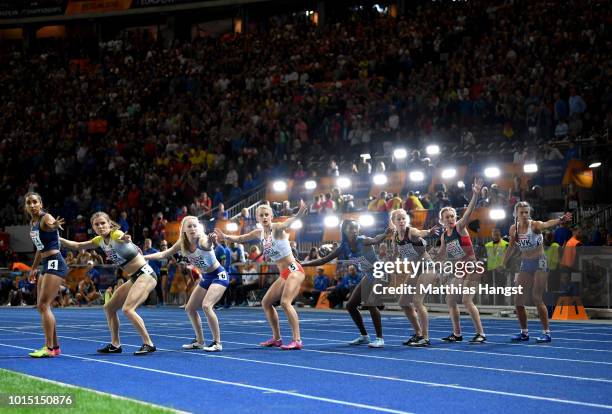 General view as athletes prepare to be handed the baton in the Women's 4 x 400m Relay Final during day five of the 24th European Athletics...