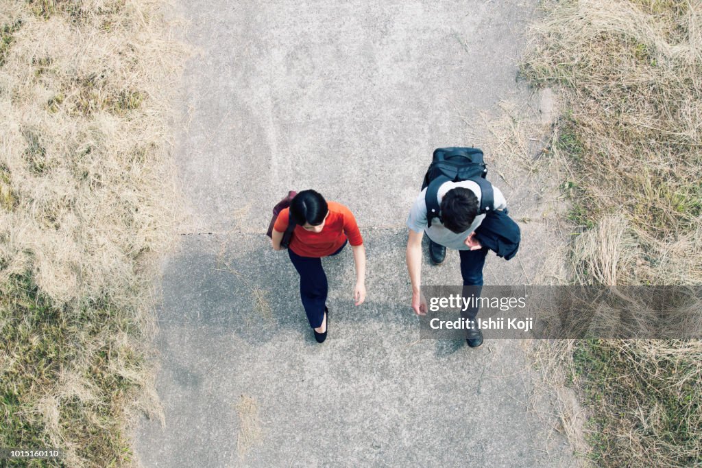 Student walking from directly above