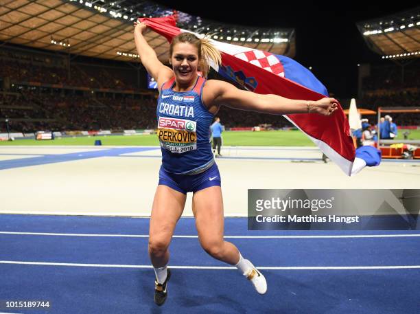 Sandra Perkovic of Croatia celebrates after winning Gold in the Women's Discus Throw Final during day five of the 24th European Athletics...