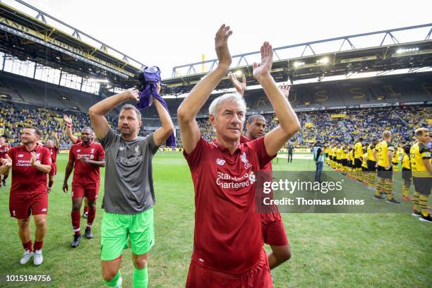 Liverpools Sander Westerveld and Ian Rush react after the friendly game Borussia Dortmund Legends - FC Liverpool Legends during the session opening...