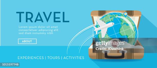 ilustrações de stock, clip art, desenhos animados e ícones de travel banner with open suitcase with globe inside and airplane design template - open suitcase