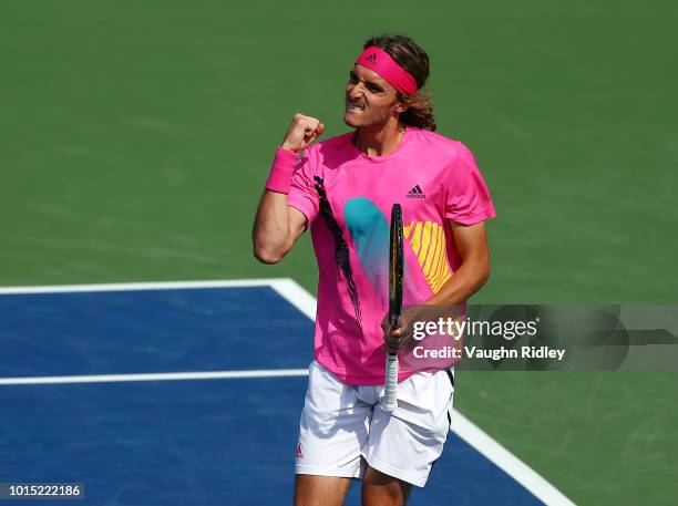 Stefanos Tsitsipas of Greece celebrates a point against Kevin Anderson of South Africa during a semi final match on Day 6 of the Rogers Cup at Aviva...