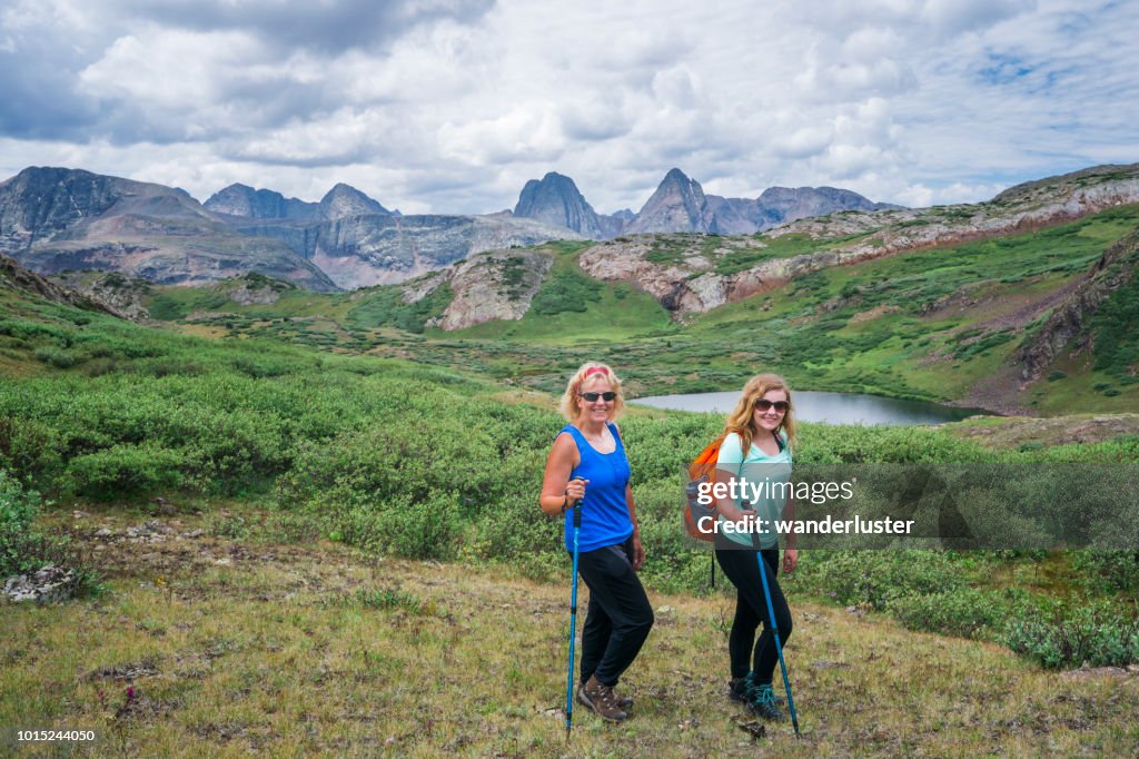 Blond mother and daughter resting in Weminuche Wilderness