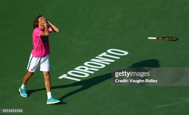 Stefanos Tsitsipas of Greece celebrates victory over Kevin Anderson of South Africa following a semi final match on Day 6 of the Rogers Cup at Aviva...