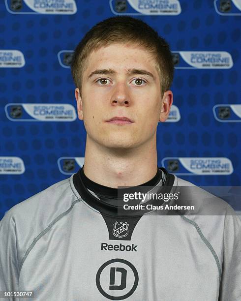 Mark Pysyk poses for a portrait prior to testing at the 2010 NHL Combine on May 28, 2010 at the Westin Bristol Place in Toronto, Canada.
