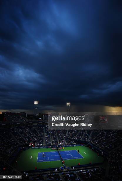General View of Centre Court as rain clouds roll in during Day 6 of the Rogers Cup at Aviva Centre on August 11, 2018 in Toronto, Canada.