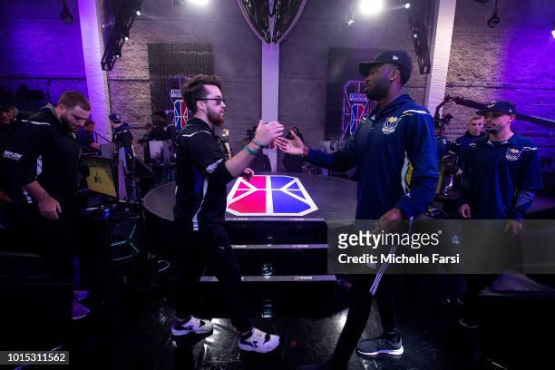 Mooty of the Kings Guard Gaming handshakes Shockey of the Pacers Gaming after the game between the Kings Guard Gaming v Pacers Gaming on August 11,...