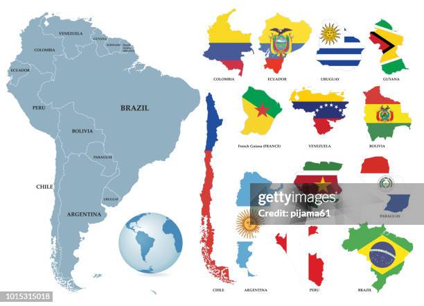 illustrazioni stock, clip art, cartoni animati e icone di tendenza di territori dei paesi del continente sudamericano. paesi separati con bandiere. - america del sud