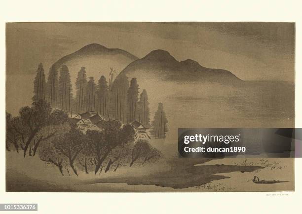 japanese art, landscape by gueami - pen and ink stock illustrations