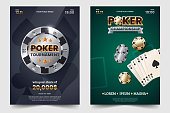 Casino poker tournament invatation design. Gold text with playing chip and cards. Poker party a4 flyer template. Applicable for promotion poster, banner. Vector illustration.