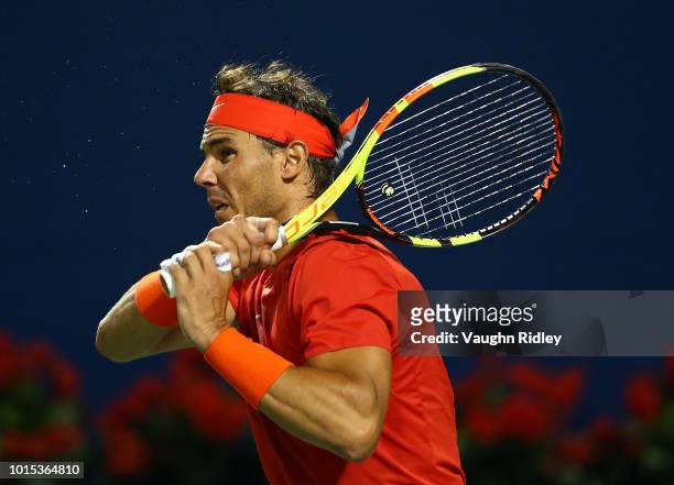 Rafael Nadal of Spain plays a shot against Karen Khachanov of Russia during a semi final match on Day 6 of the Rogers Cup at Aviva Centre on August...