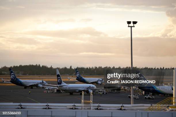 Alaska Airlines planes are pictured at Seattle-Tacoma International Airport the day after Horizon Air ground crew member Richard Russell took a plane...