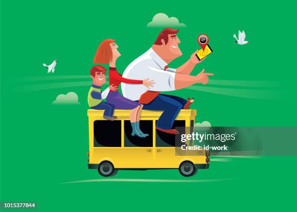 family traveling by car - mom driving phone stock illustrations