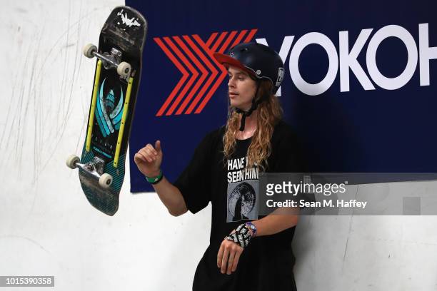 Andy Anderson of Canada clooks on in the Men's Skate Park Final during the Nitro World Games on August 11, 2018 in Vista, California.