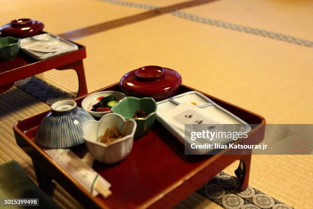 traditional japanese shojinryori dinner served on tatami mats - koya san stock pictures, royalty-free photos & images