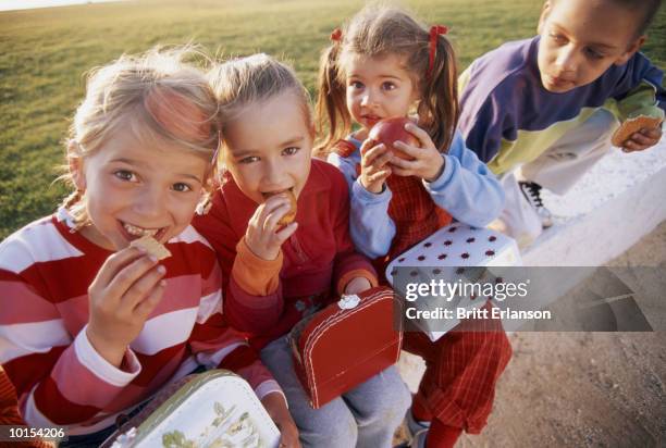 four children (4-7) eating snack from lunch boxes, outdoors - medhavd lunch bildbanksfoton och bilder