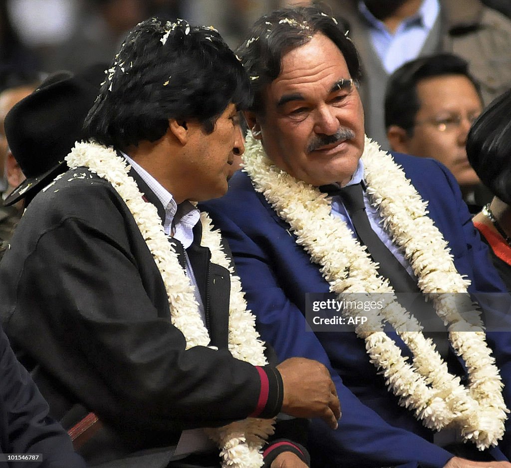 Bolivian President Evo Morales (L) speak