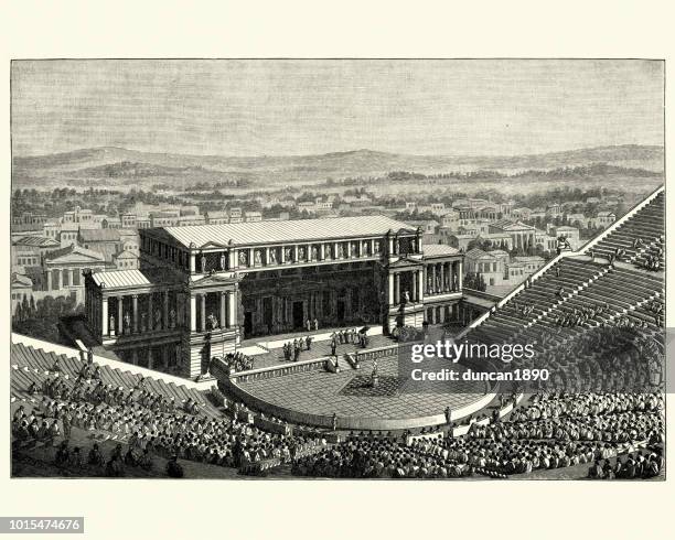 stockillustraties, clipart, cartoons en iconen met reconstructie van het oude theater van dionysos, athens - theaterindustrie