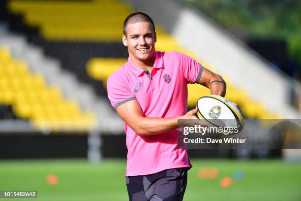 Arthur Coville of Stade Francais Paris warms up before the pre-season friendly match between La Rochelle and Stade Francais on August 10, 2018 in La...