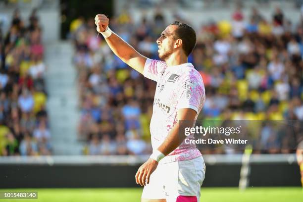 Kylan Hamdaoui of Stade Francais Paris shields his eyes from the sun during the pre-season friendly match between La Rochelle and Stade Francais on...