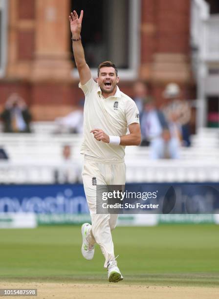 England bowler James Anderson celebrates the wicket of Murali Vijay, his 100th Test wicket at Lords during day 4 of the Second Test Match between...