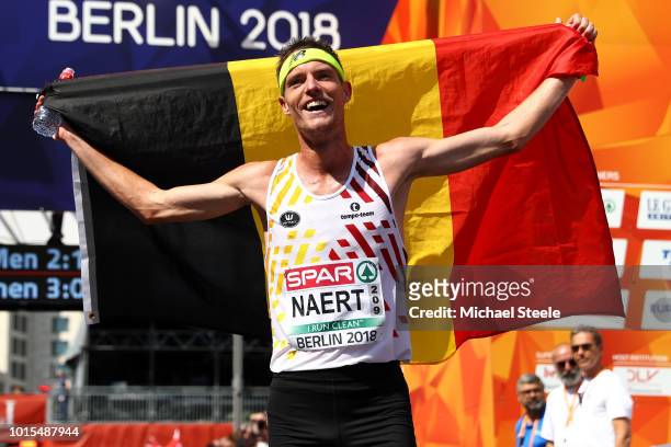 Koen Naert of Belgium celebrates after winning gold in the Men's Marathon Final during day six of the 24th European Athletics Championships at...