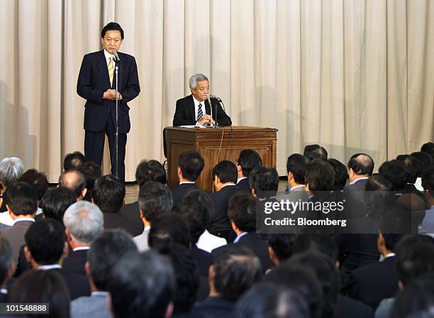 Yukio Hatoyama, Japan's prime minister, speaks during a meeting with lawmakers of the Democratic Party of Japan , at the Diet, in Tokyo, Japan, on...