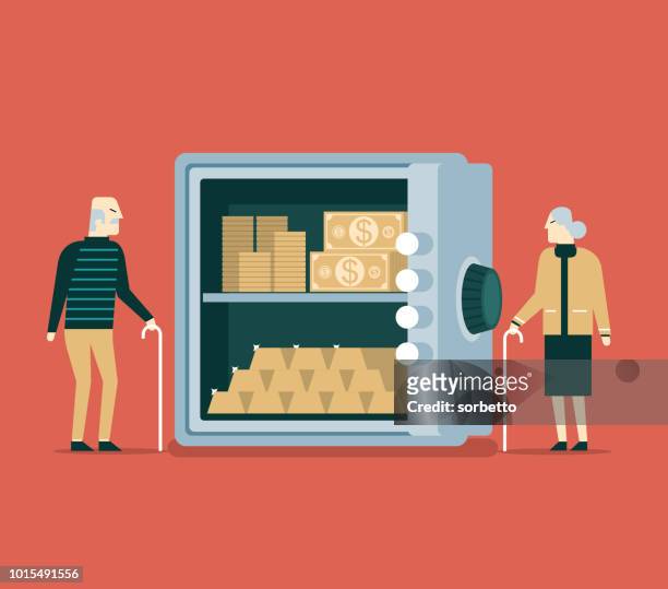 stockillustraties, clipart, cartoons en iconen met veilige opslag van geld - senior paar - actieve ouderen