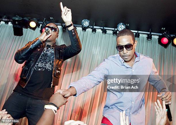 Musical artist Taio Cruz and musical artist Ludacris attend the Taio Cruz album release party hosted by Z100 and MySpace Music at Canal Room on June...