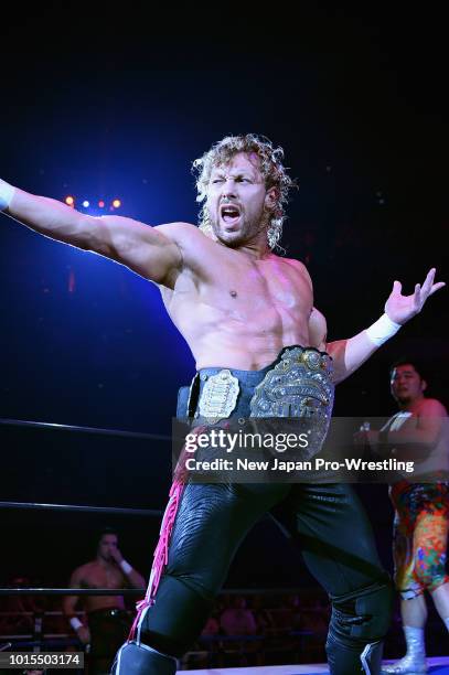 Kenny Omega stands on the ring prior to the 6-man tag match during the New Japan Pro-Wrestling G1 Climax 28 at Nippon Budokan on August 12, 2018 in...