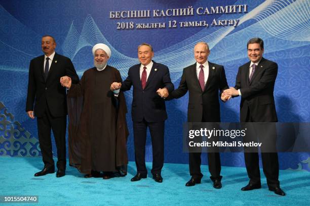 Azeri President Ilham Aliyev, Iran's President Hassan Rouhani, Kazakh President Nursultan Nazarbayev,Russian President Vladimir Putin and Turkmen...