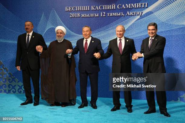 Azeri President Ilham Aliyev, Iran's President Hassan Rouhani, Kazakh President Nursultan Nazarbayev,Russian President Vladimir Putin and Turkmen...