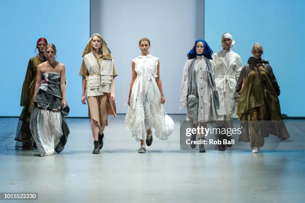 Model on the runway for Julija Morez during the Future of Fashion show during Copenhagen Fashion Week Spring/Summer 2019 on August 8, 2018 in...