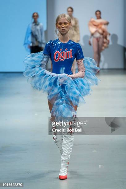 Model on the runway for Vika Im during the Future of Fashion during Copenhagen Fashion Week Spring/Summer 2019 on August 8, 2018 in Copenhagen,...